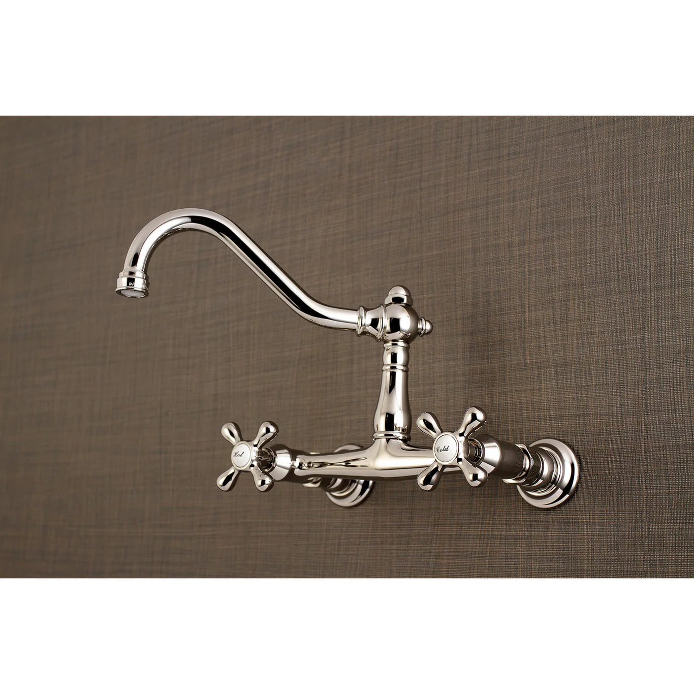 Kingston Brass KS3246AX Polished Nickel  wall-mounted kitchen faucet on a brown background