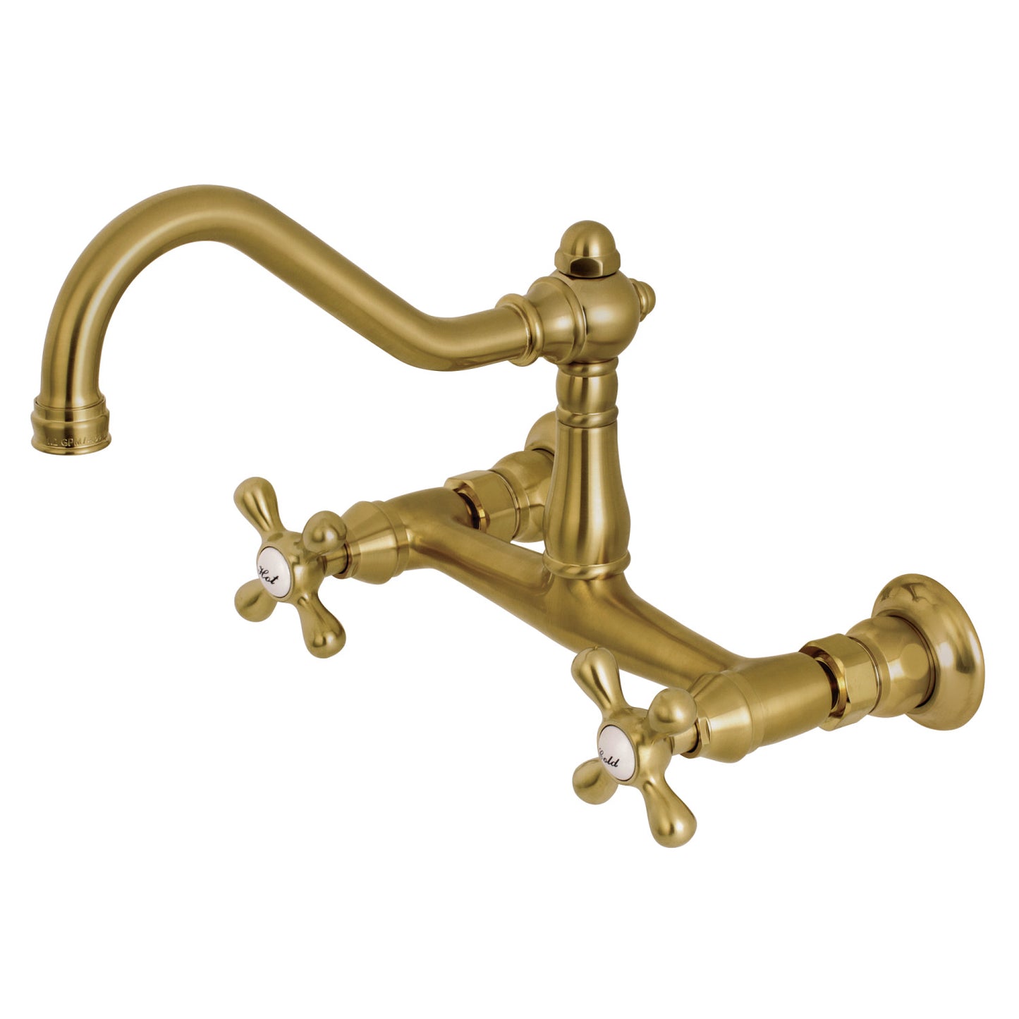 Kingston Brass KS3237AX brushed brass wall mounted bathroom faucet on a white background