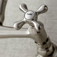 Close-up of Kingston Brass KS3248AX brushed nickel faucet handle with 'Cold' label on a neutral background