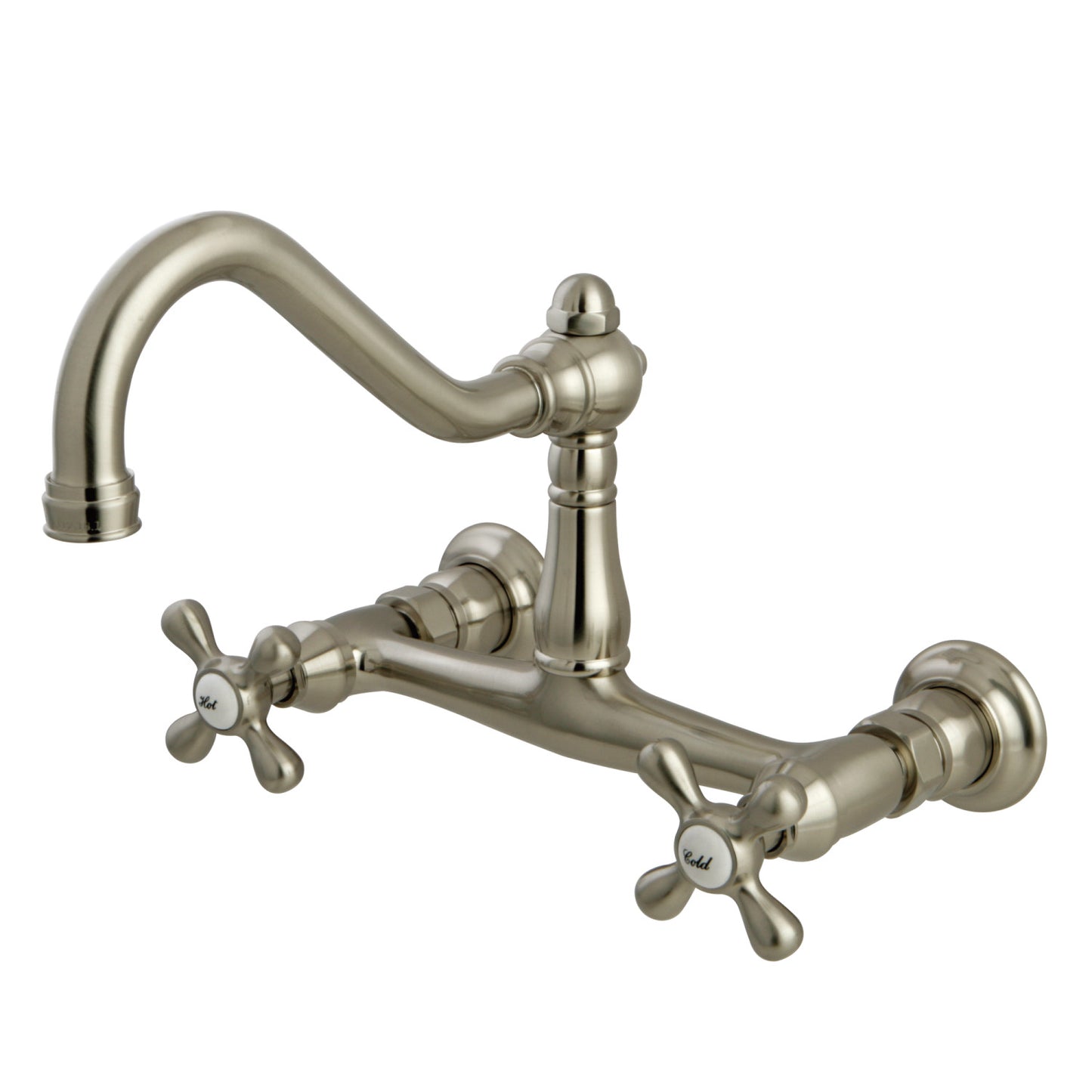 Kingston Brass KS3248AX brushed nickel wall mounted bathroom faucet on white background