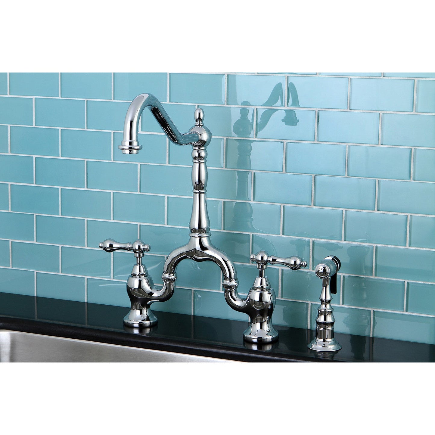 Kingston KS7751ALBS English Country Bridge Kitchen Faucet with Brass Sprayer, Polished Chrome, alternate view