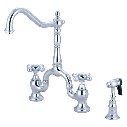 Kingston Brass English Country Deck Mount Bridge Kitchen Faucet showcasing a polished chrome finish with traditional cross handles.