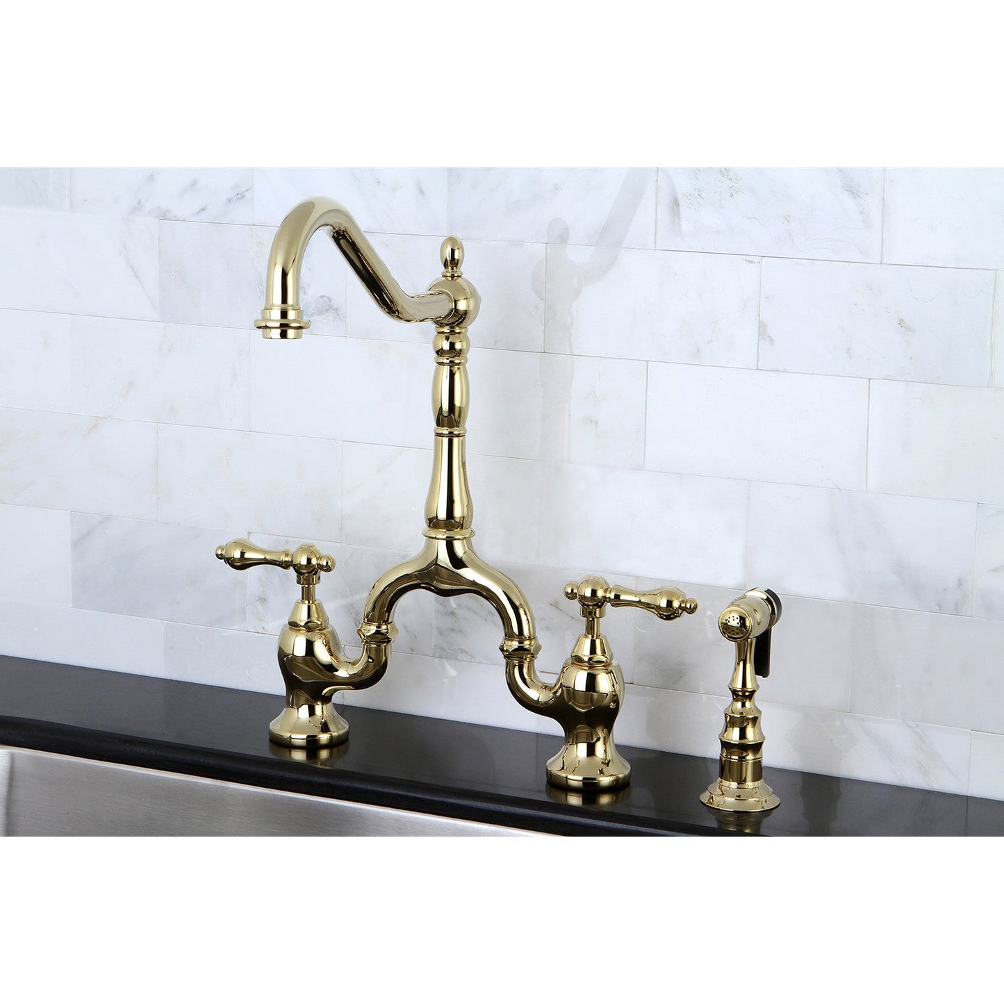 Kingston KS7752ALBS English Country Bridge Kitchen Faucet with Brass Sprayer, Polished Brass, alternate view