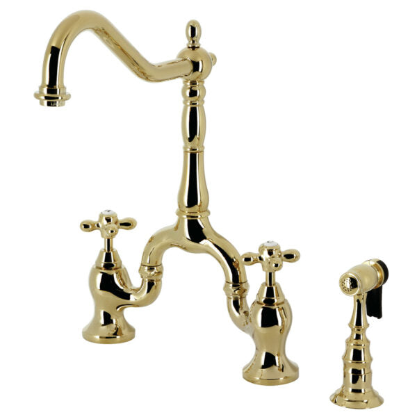 Kingston Brass English Country Deck Mount Bridge Kitchen Faucet with side spray from right side view.