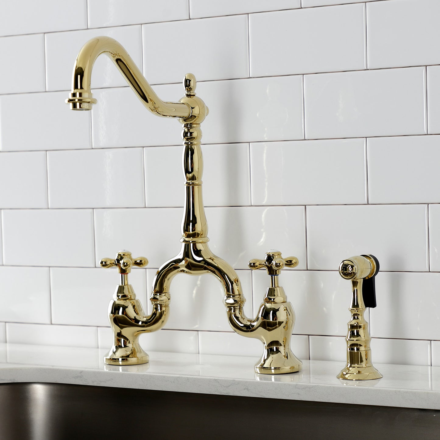 Kingston Brass English Country Deck Mount Bridge Kitchen Faucet right side view with elegant vintage design.