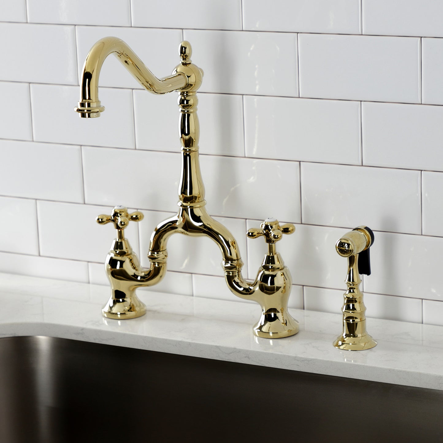 Kingston Brass English Country Deck Mount Bridge Kitchen Faucet left side view with detailed bridge design and traditional handles.