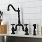 Kingston Brass KS7755AXBS oil rubbed bronze kitchen faucet set against a white tiled wall