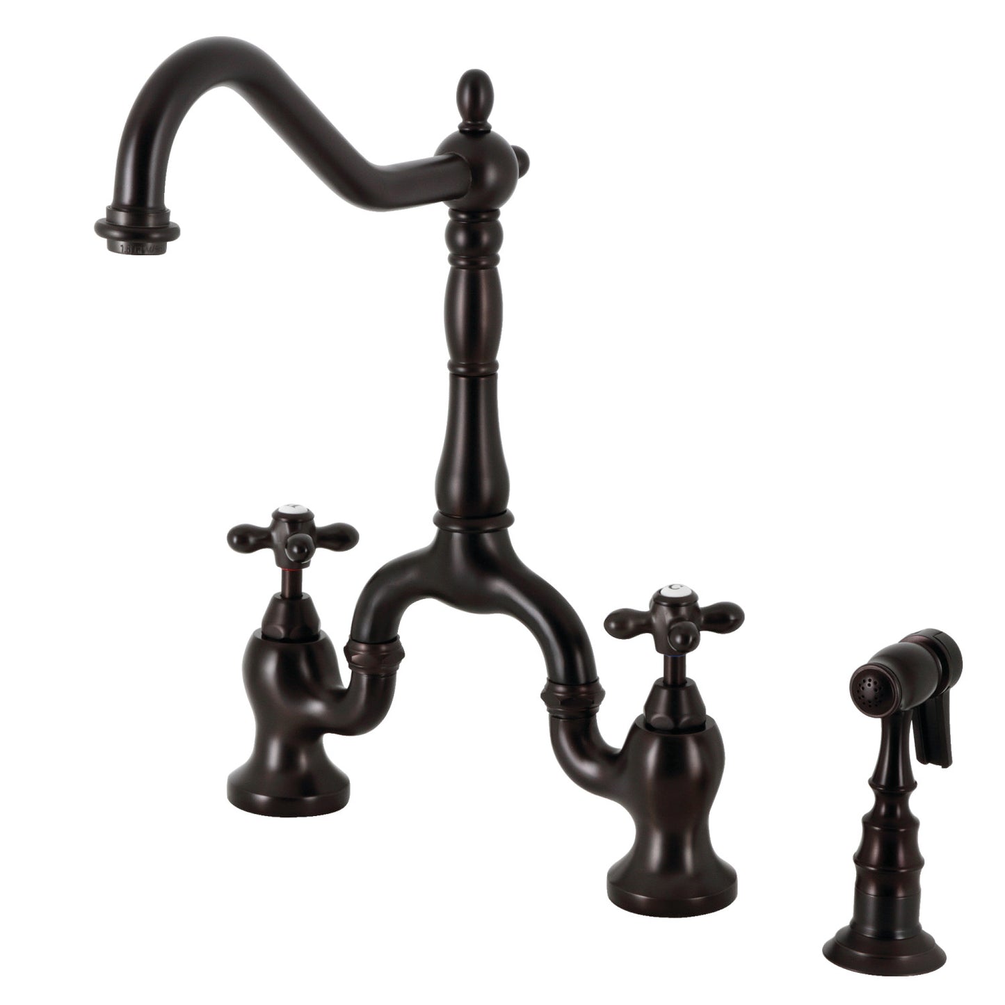 Kingston Brass English Country Deck Mount Bridge Kitchen Faucet in oil rubbed bronze showcasing unique bridge design from side view.
