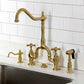Kingston Brass KS7757AXBS Brushed Brass kitchen faucet installed on a white granite countertop