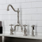 Kingston Brass KS7758AXBS brushed nickel kitchen faucet installed on a white quartz countertop
