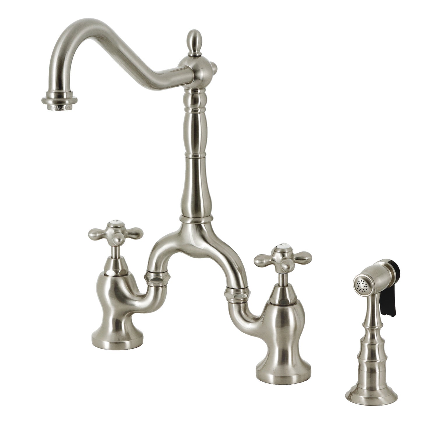 Kingston Brass English Country Deck Mount Bridge Kitchen Faucet with side sprayer in brushed nickel finish for elegant kitchen design.