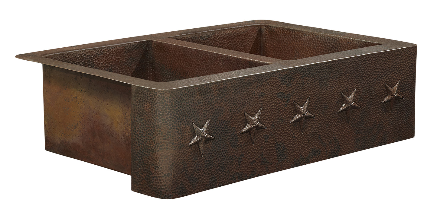 Thompson Kahlo 2KS-AD-1 aged copper farmhouse sink with hammered star design on the apron