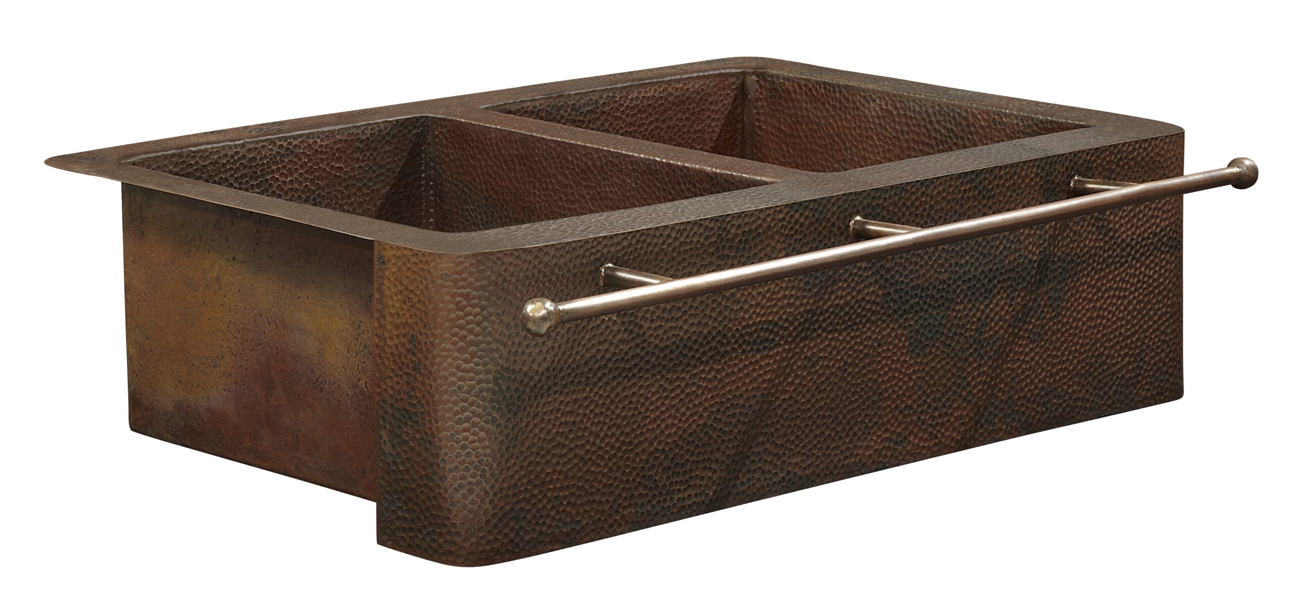 Thompson Kahlo aged copper double bowl farmhouse sink with towel bar, corner view - 2KS-AD-2