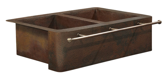 Thompson Kahlo aged copper double bowl farmhouse sink with towel bar, corner view - 2KS-AD-2