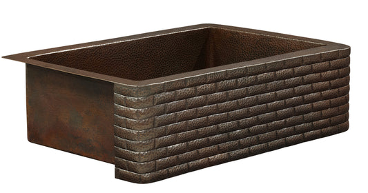 Thompson Kahlo aged copper farmhouse sink with brick apron, corner view - 2KS-AD-3