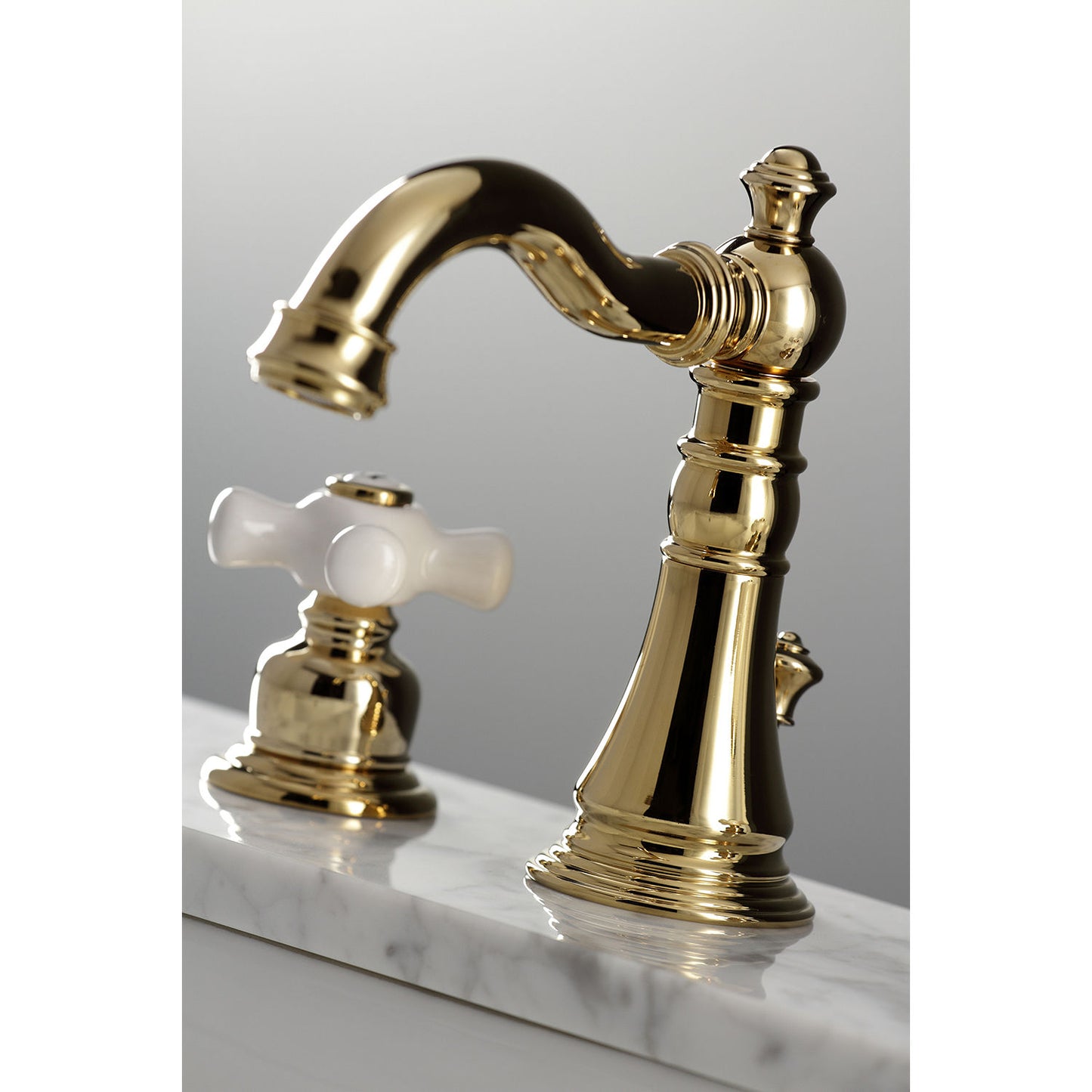 KINGSTON Brass American Classic Widespread Bathroom Faucet close-up view highlighting Victorian design details.