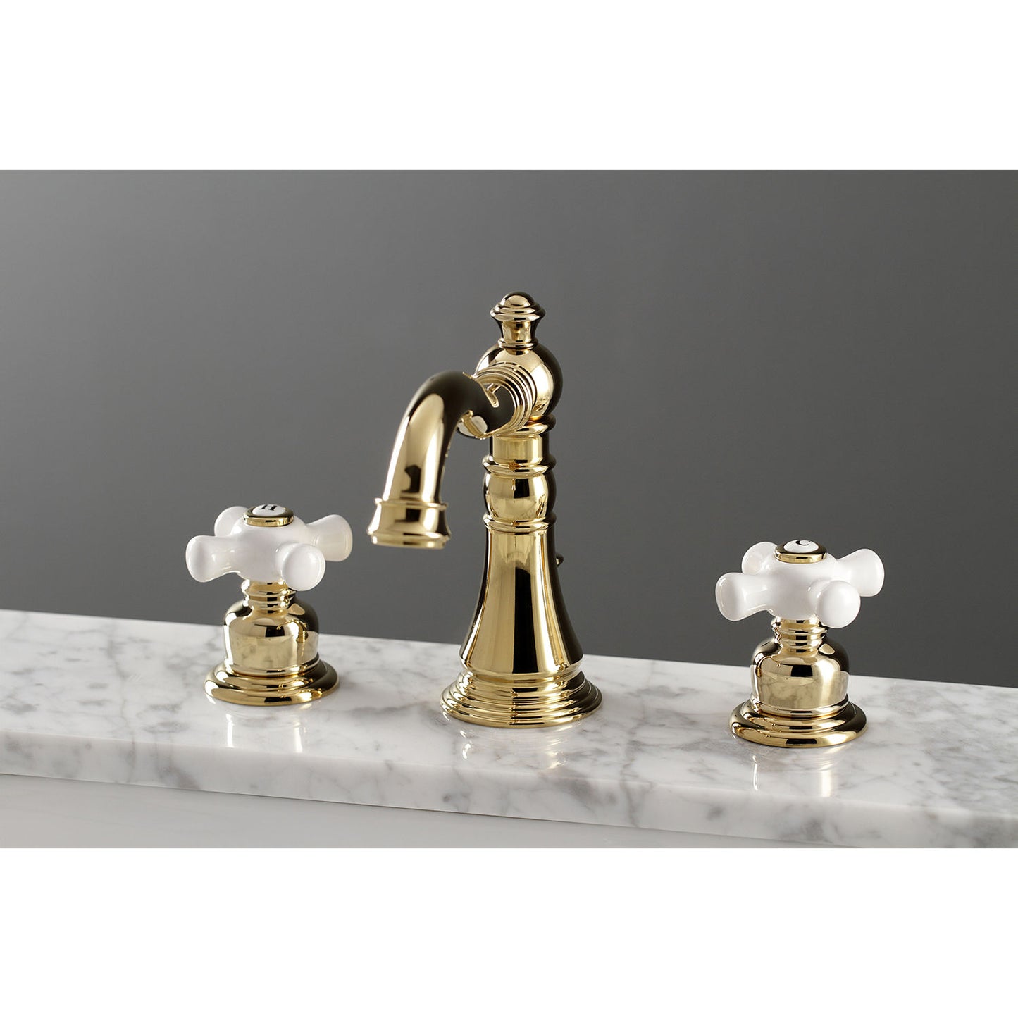 KINGSTON Brass American Classic Widespread Bathroom Faucet, top view showcasing intricate Victorian design and white ceramic handles.