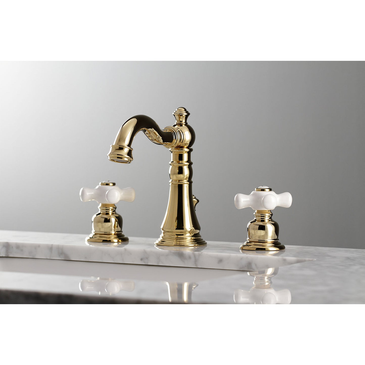 KINGSTON Brass American Classic Widespread Bathroom Faucet showcasing a beautiful view with decorative white handles.