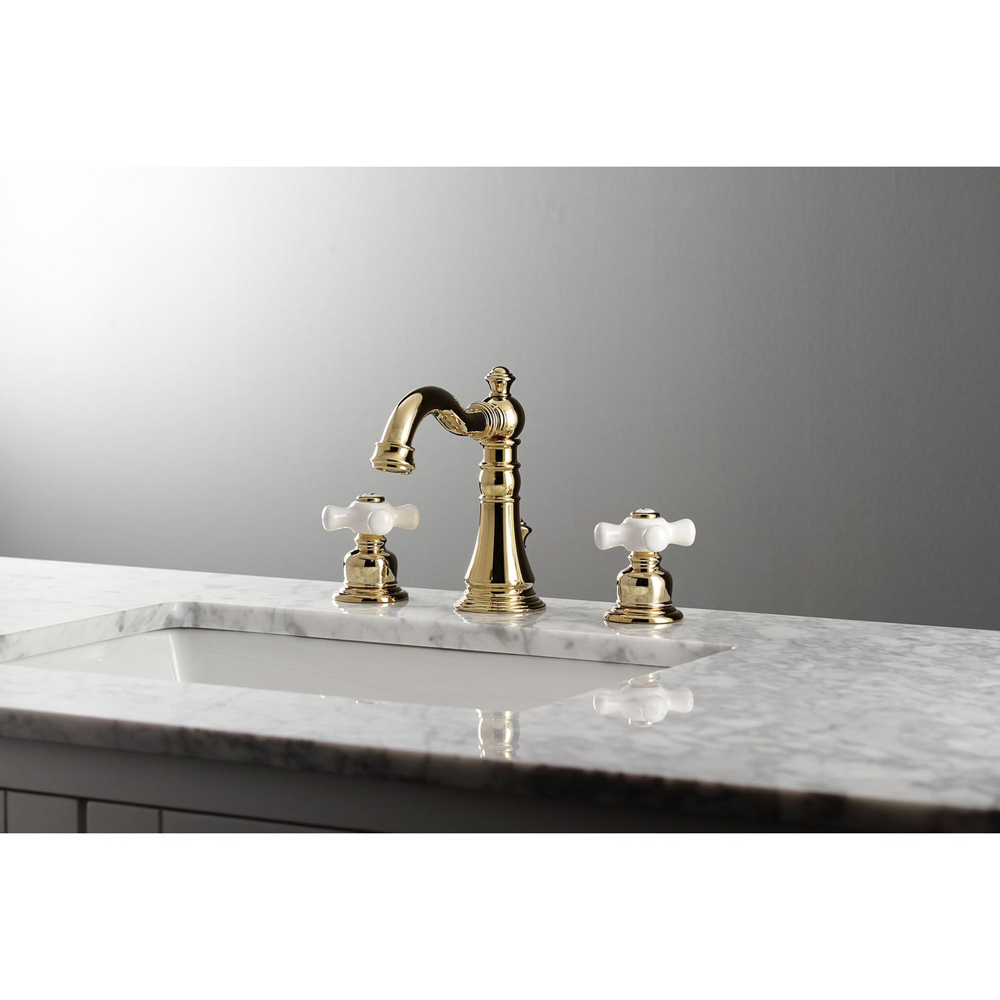 KINGSTON Brass American Classic Widespread Bathroom Faucet from the right side, featuring Victorian design elements.