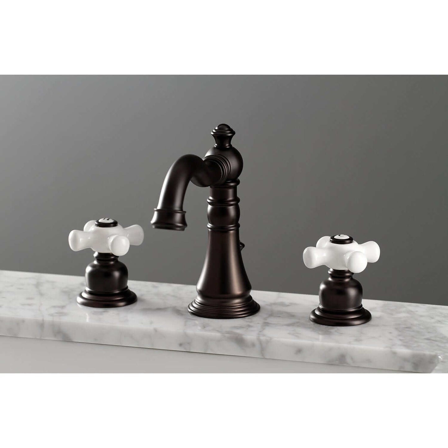 KINGSTON Brass American Classic Widespread Bathroom Faucet in a left side view showcasing Victorian elegance.