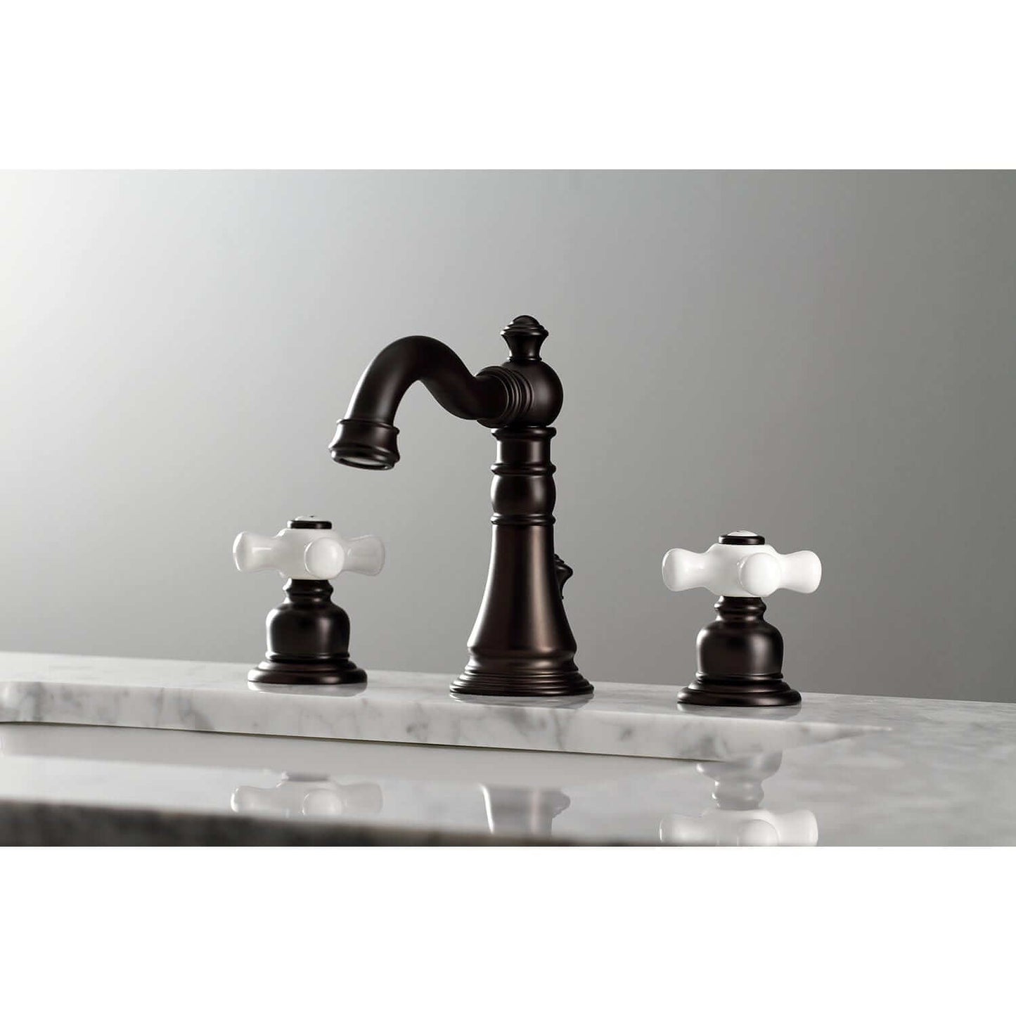 KINGSTON Brass American Classic Widespread Bathroom Faucet side view showcasing vintage design and white ceramic handles.