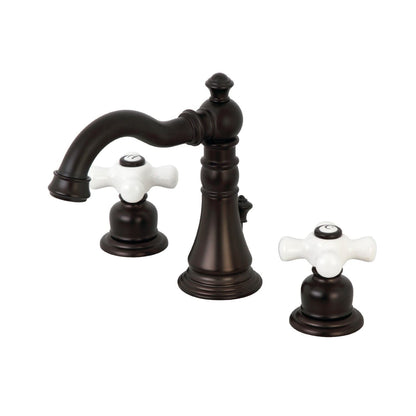 KINGSTON Brass American Classic Widespread Bathroom Faucet with porcelain lever handles, showcasing elegant Victorian design.
