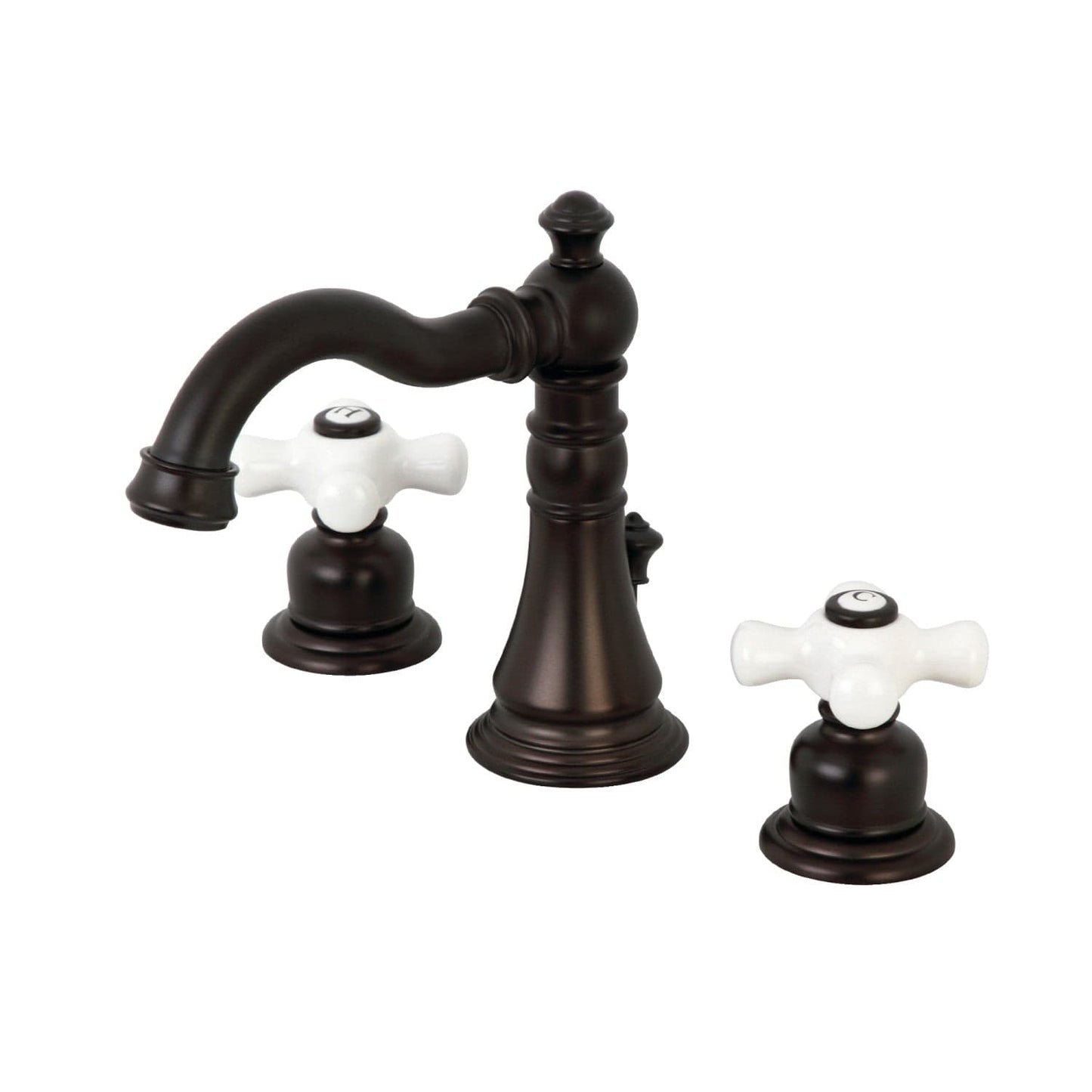KINGSTON Brass American Classic Widespread Bathroom Faucet with porcelain lever handles, showcasing elegant Victorian design.