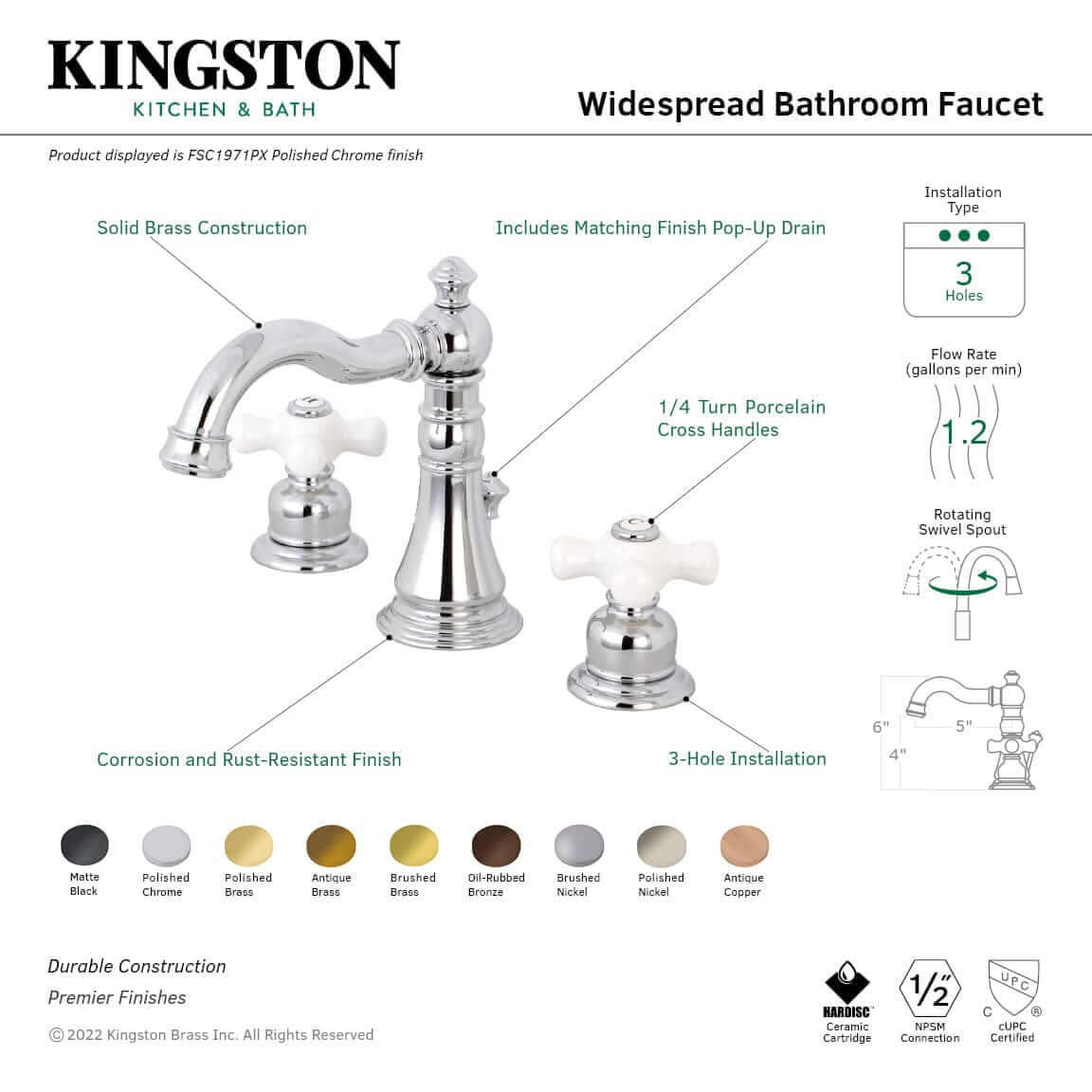 KINGSTON Brass American Classic Widespread Bathroom Faucet front view with cross handles and pop-up drain.