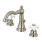 KINGSTON Brass American Classic Widespread Bathroom Faucet in brushed nickel with white hot and cold handles, angled view.