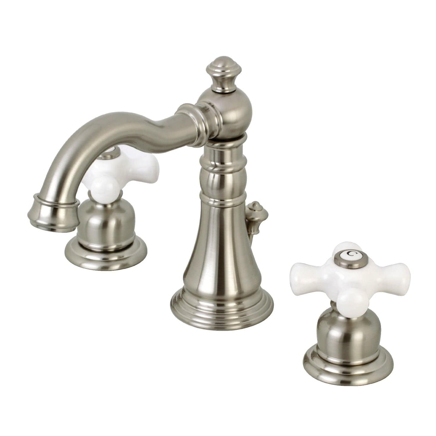 KINGSTON Brass American Classic Widespread Bathroom Faucet in brushed nickel with white hot and cold handles, angled view.