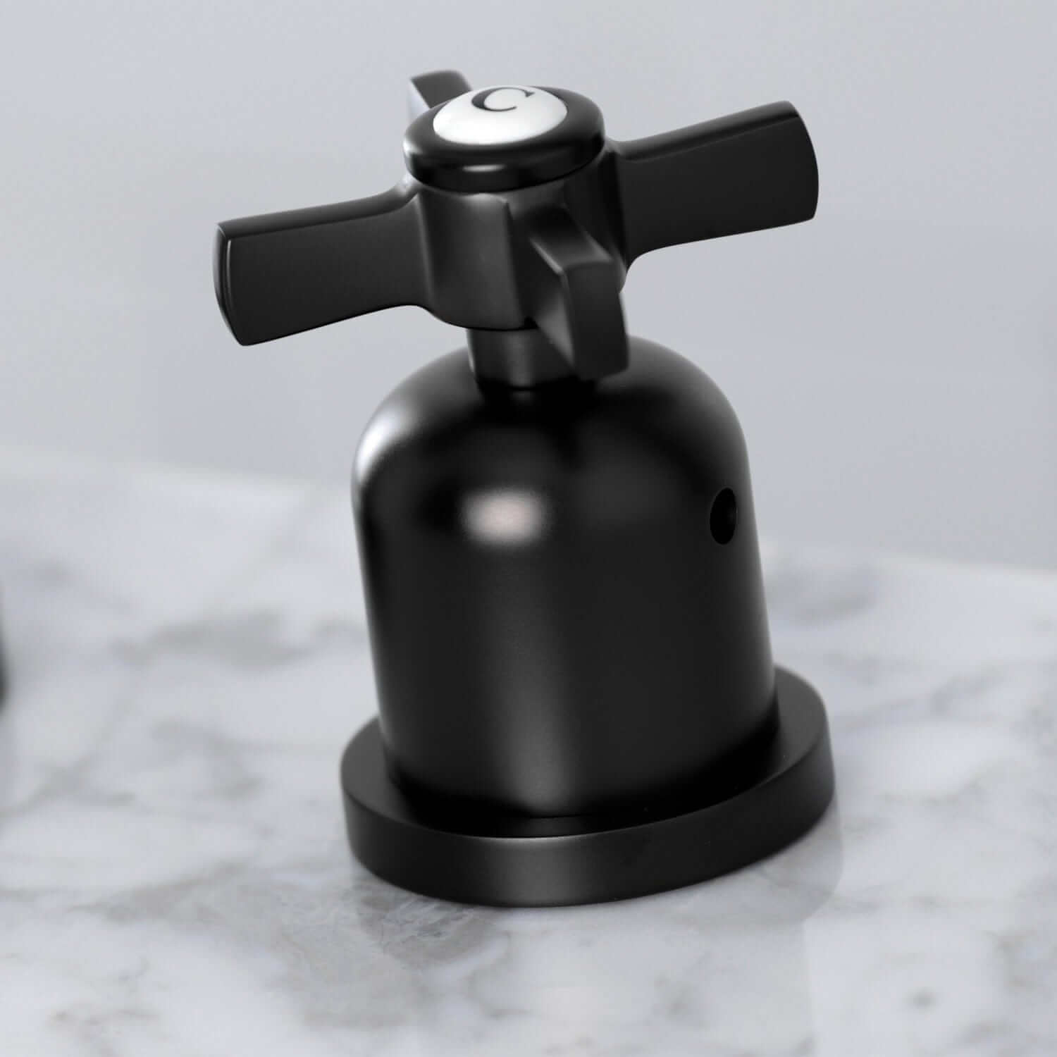 Faucet handle detail for Millennium widespread bathroom faucet in matte black finish