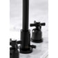 Close up Lifestyle image of Millennium widespread faucet showing mounting details in matte black finish