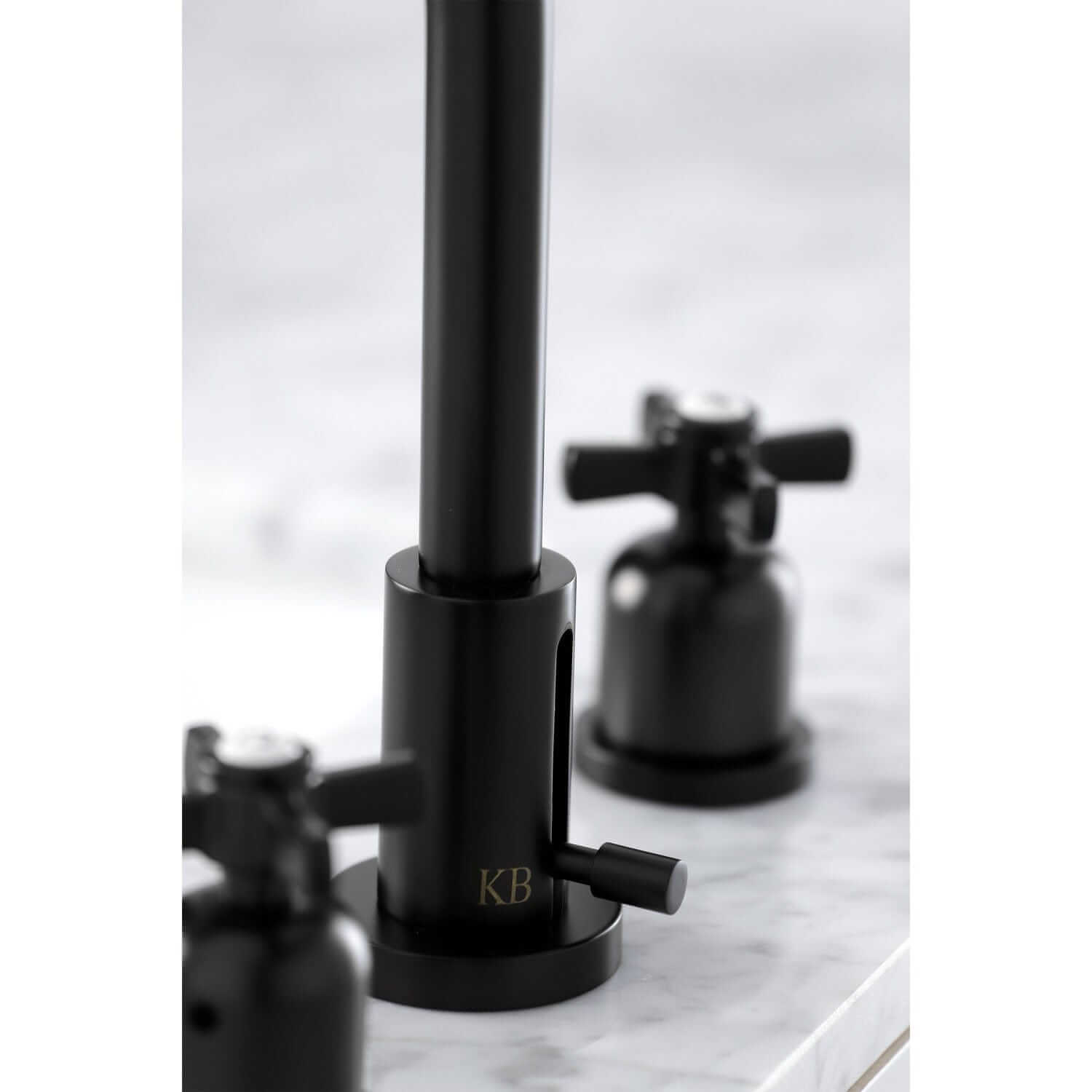 Close up Lifestyle image of Millennium widespread faucet showing mounting details in matte black finish