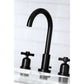 Close up Lifestyle image of Millennium widespread faucet in neutral bathroom in matte black finish