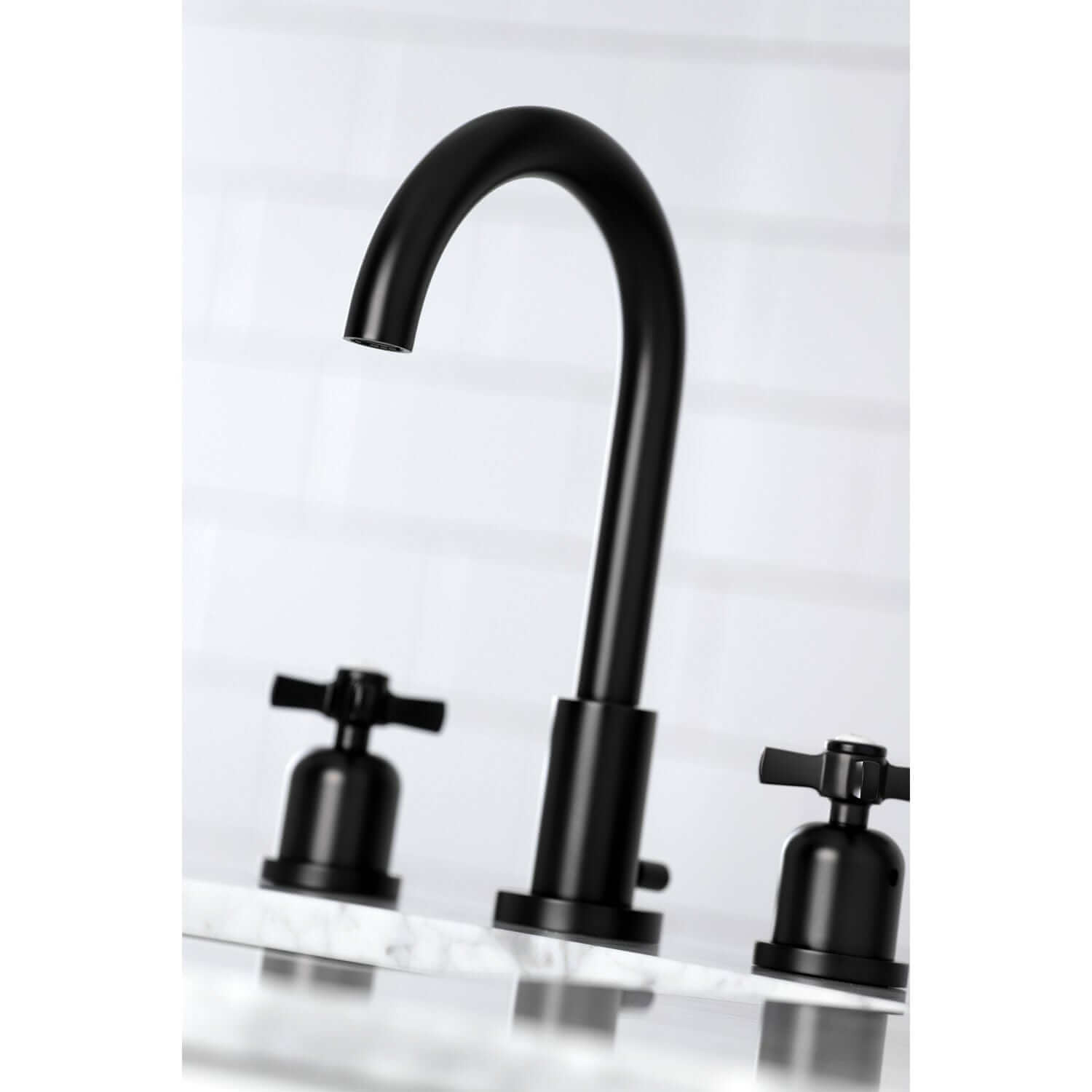 Close up Lifestyle image of Millennium widespread faucet in neutral bathroom in matte black finish