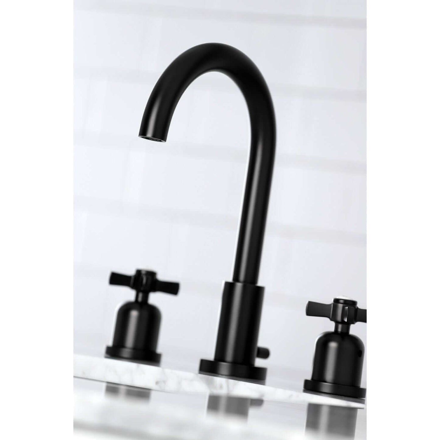 Close up Lifestyle image of Millennium widespread faucet in neutral bathroom in matte black finish