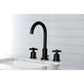 Side view lifestyle image in bathroom of Millennium widespread faucet in matte black