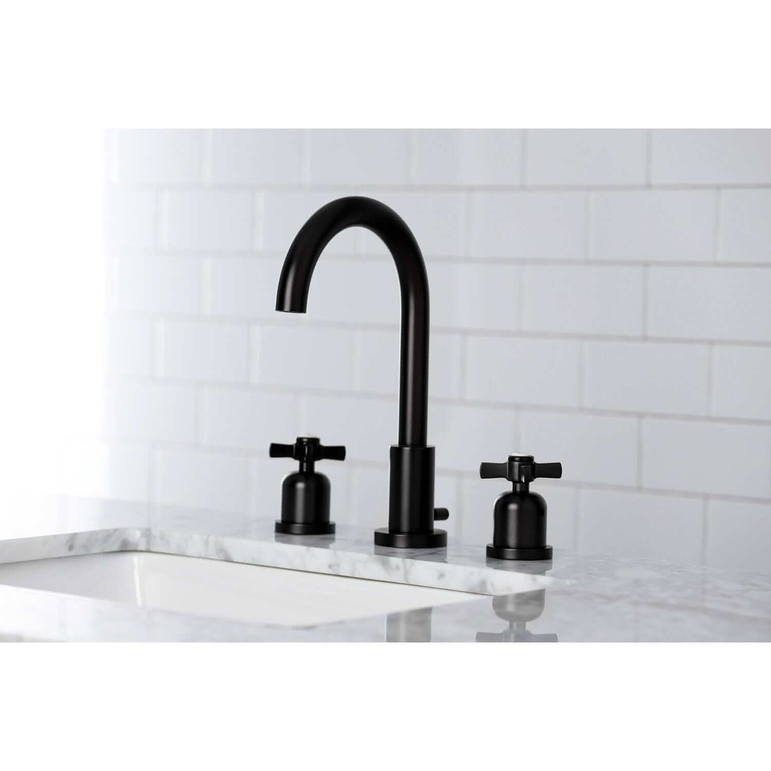 Side view lifestyle image in bathroom of Millennium widespread faucet in matte black