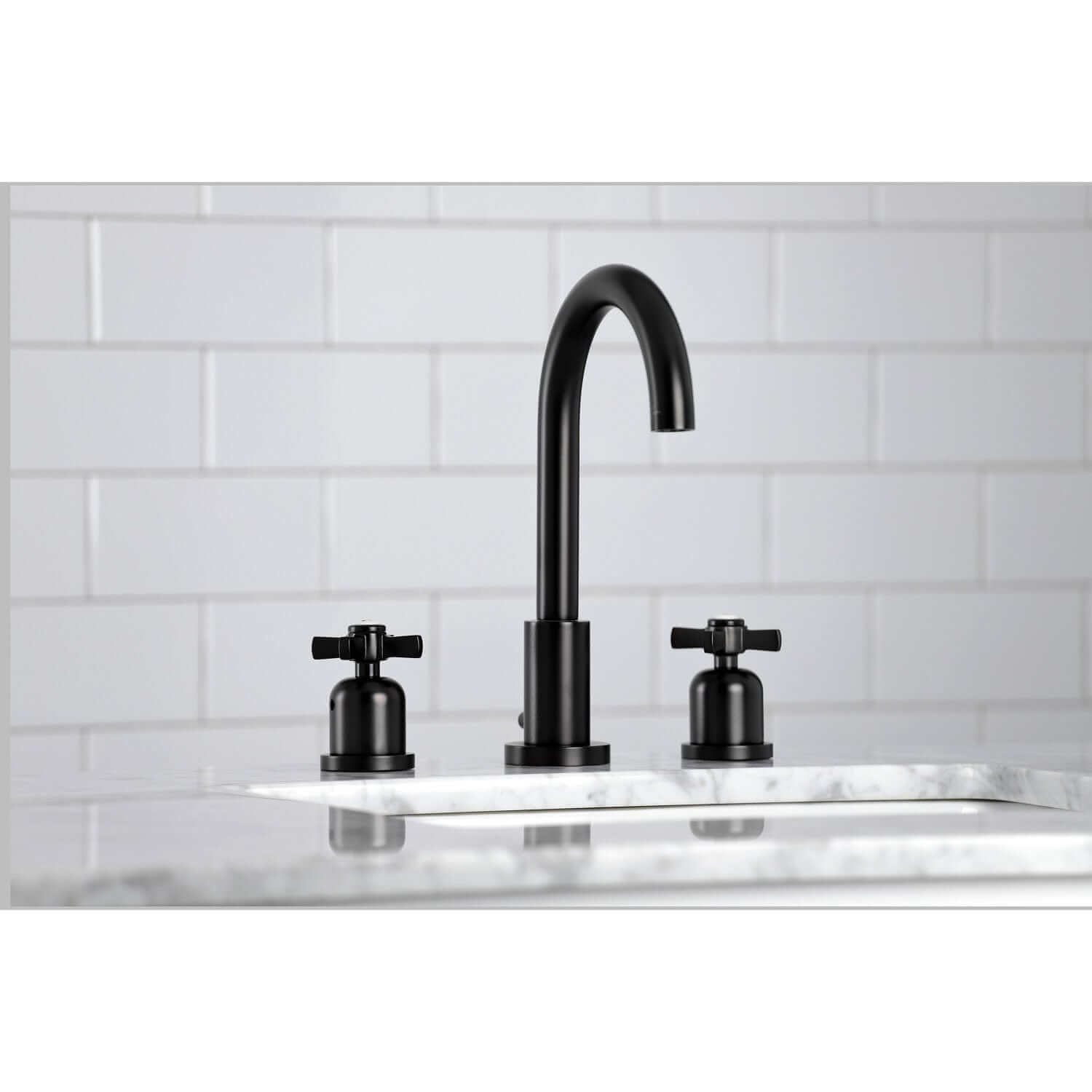 Lifestyle image in bathroom of Millennium widespread faucet in matte black
