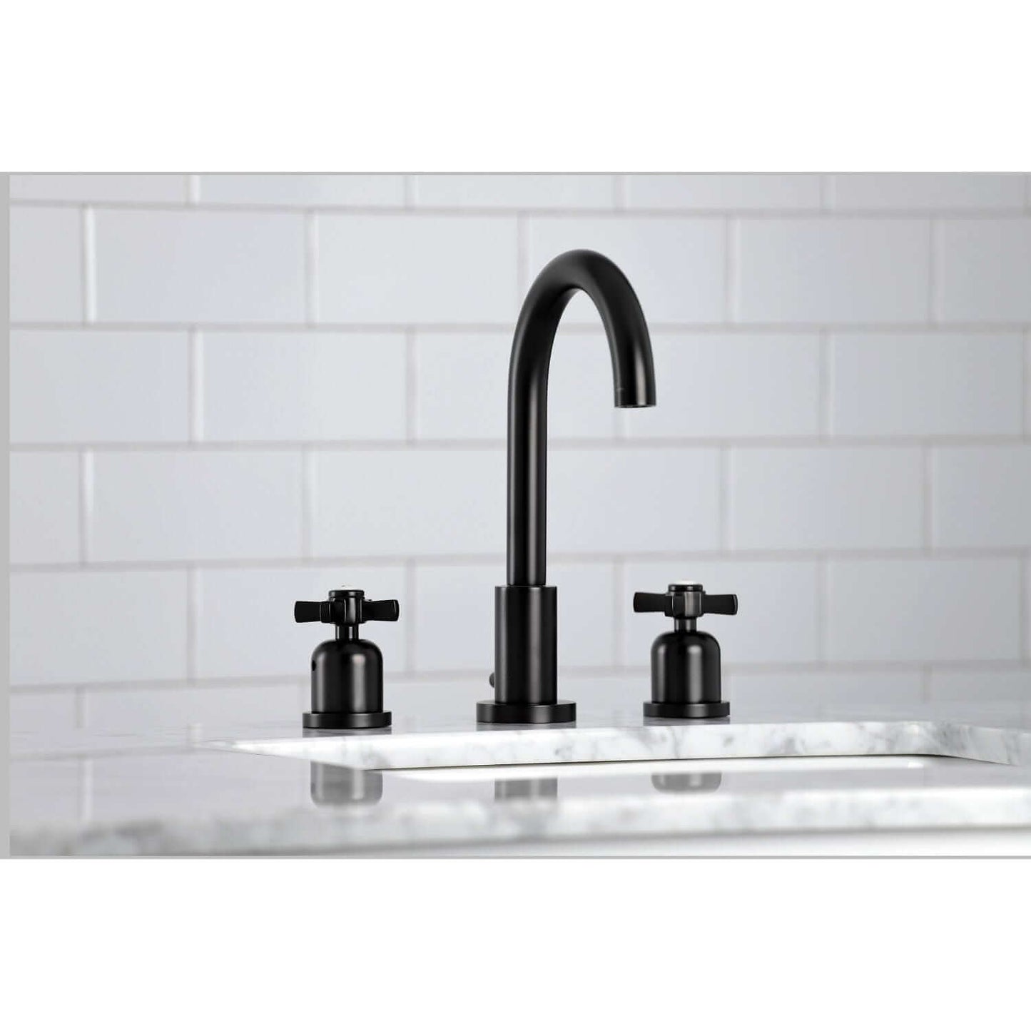 Lifestyle image in bathroom of Millennium widespread faucet in matte black