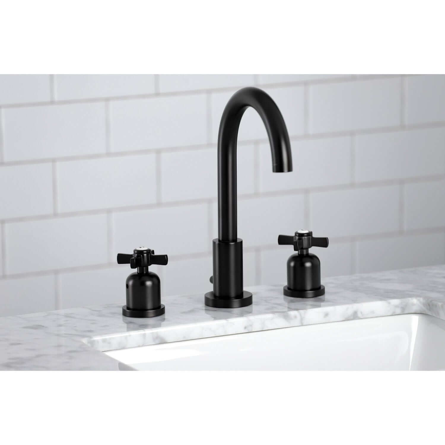 Alternate Lifestyle image in bathroom of Millennium widespread faucet in matte black