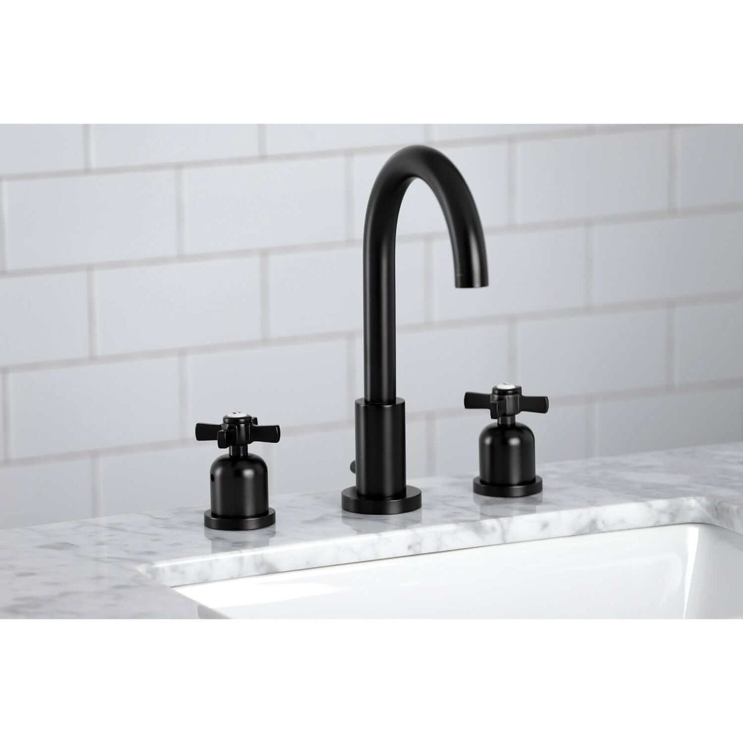 Alternate Lifestyle image in bathroom of Millennium widespread faucet in matte black