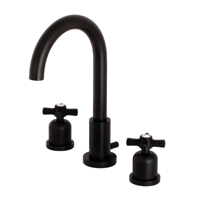 KINGSTON Brass Millennium Widespread Bathroom Faucet with matte black finish, showcasing modern Art Deco style from a front angle.