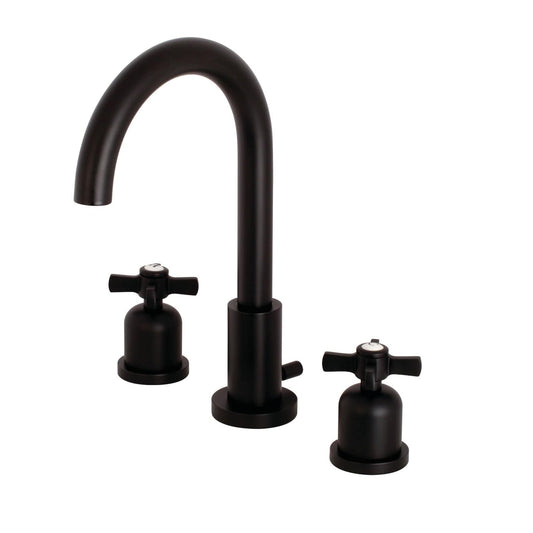 KINGSTON Brass Millennium Widespread Bathroom Faucet with matte black finish, showcasing modern Art Deco style from a front angle.
