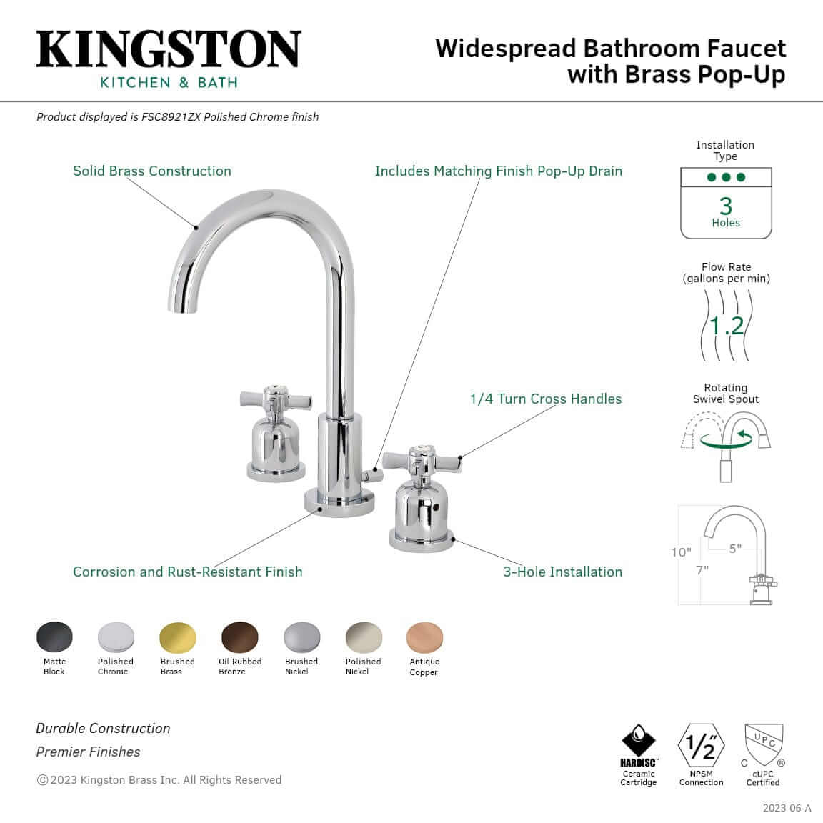 Product Feature Sheet for Millennium widespread bathroom faucee with brass pop-up