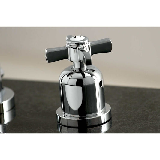 Close-up of KINGSTON Brass Millennium Widespread Bathroom Faucet showcasing its Art Deco design details.