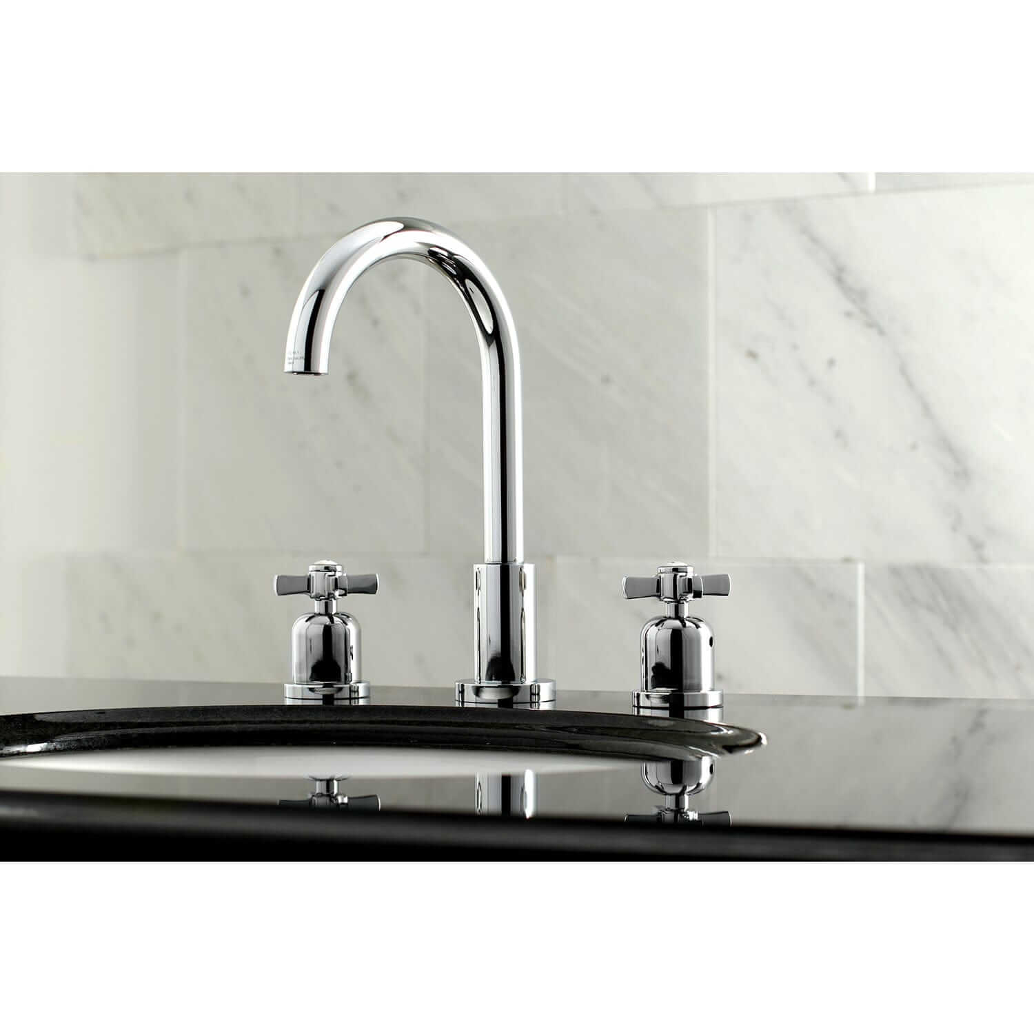 Lifestyle image in bathroom of Millennium widespread faucet in polished chrome