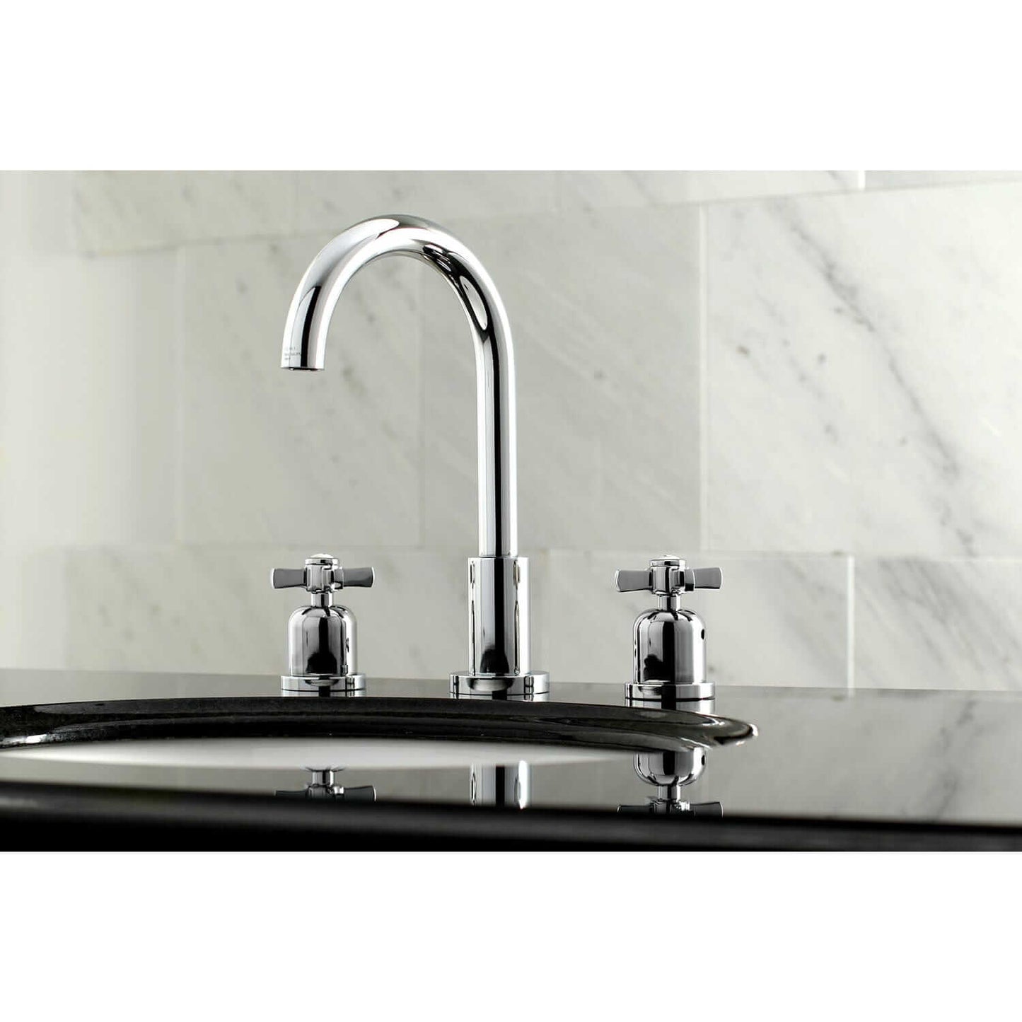 Lifestyle image in bathroom of Millennium widespread faucet in polished chrome