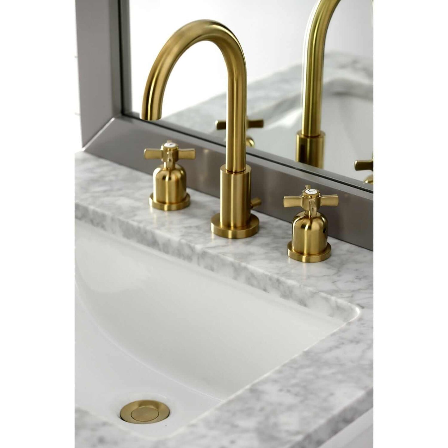 Alternate Lifestyle image in bathroom of Millennium widespread faucet in brushed brass