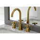 Close up Lifestyle image of Millennium widespread faucet in neutral bathroom in brushed brass finish